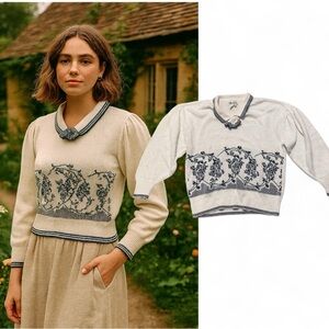 VTG 90s Nilani Romantic Charming Knit Sweater Puff Sleeve Bow Collar Prairie LG